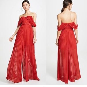 NWT Self-Portrait Georgette Off Shoulder Pleated Jumpsuit In Red Size US 0